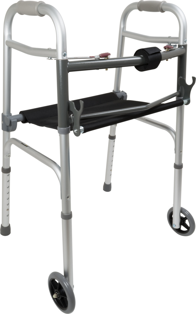 Two Button Folding Walker with Wheels and Roll-Up Seat