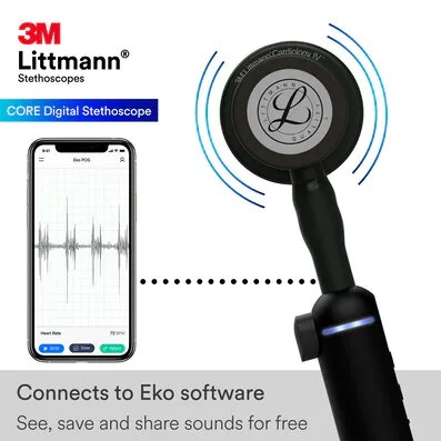 Littmann CORE Digital Stethoscope Black Chestpiece, Tube, Stem and Headset, 27 inch