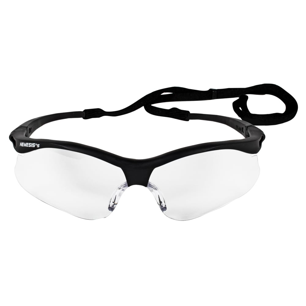KleenGuard Nemesis Small Safety Glasses, Hard Coat Lens, Black Frame with Black Tips & Neck Cord