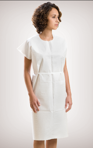 Exam Gown, Tissue / Poly / Tissue, White Poly Ties, Size M / L, 30" x 42"