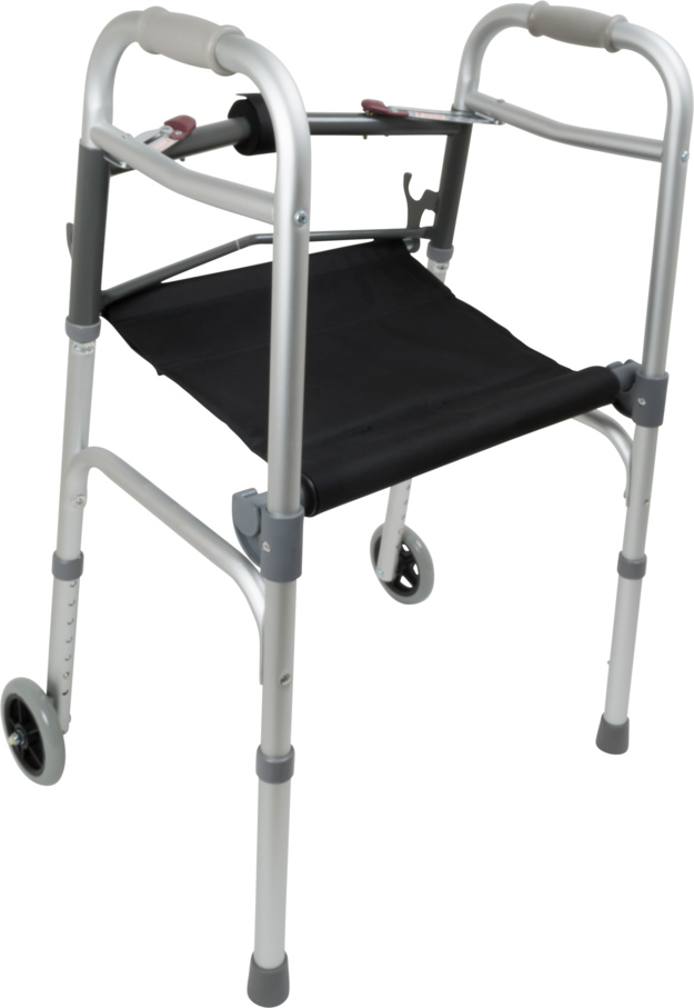Two Button Folding Walker with Wheels and Roll-Up Seat