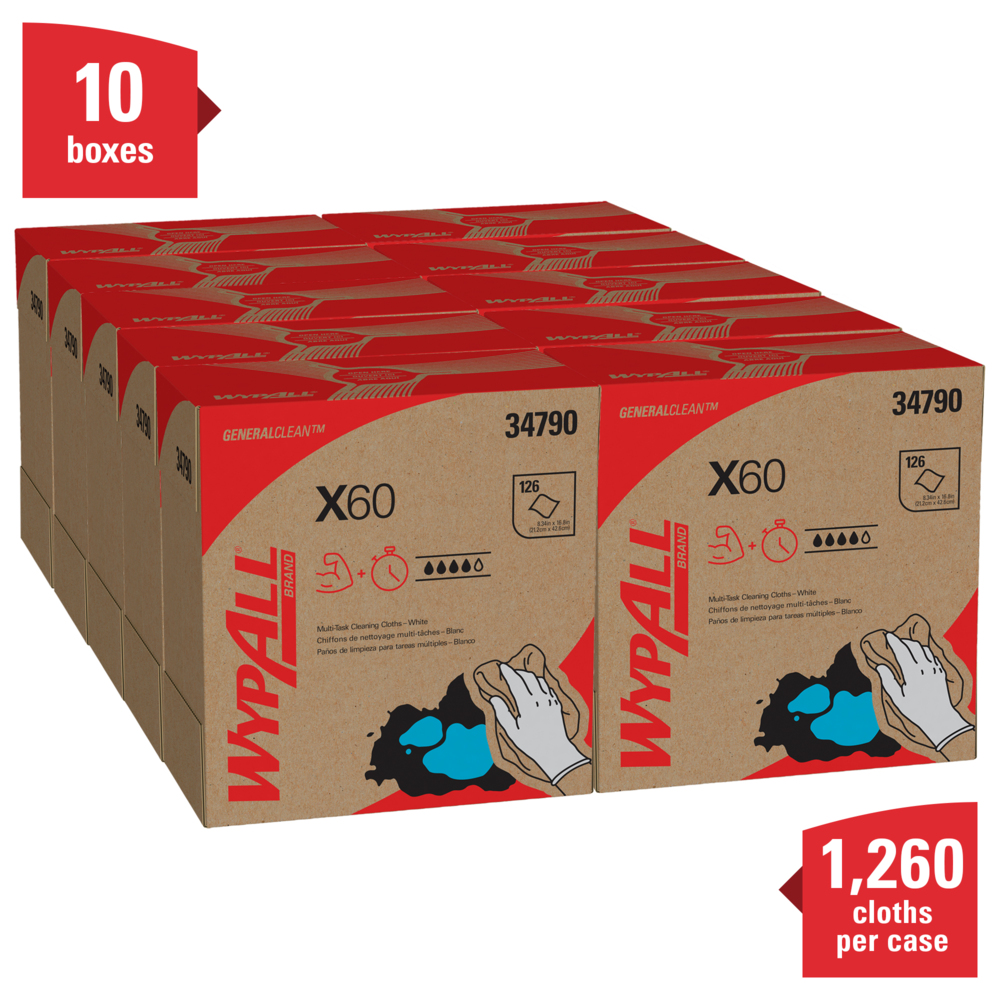 Wypall GeneralClean X60 Multi-Task Cloths - 10 Boxes Of 118 Sheets, Super Absorbent Cleaning Wipes