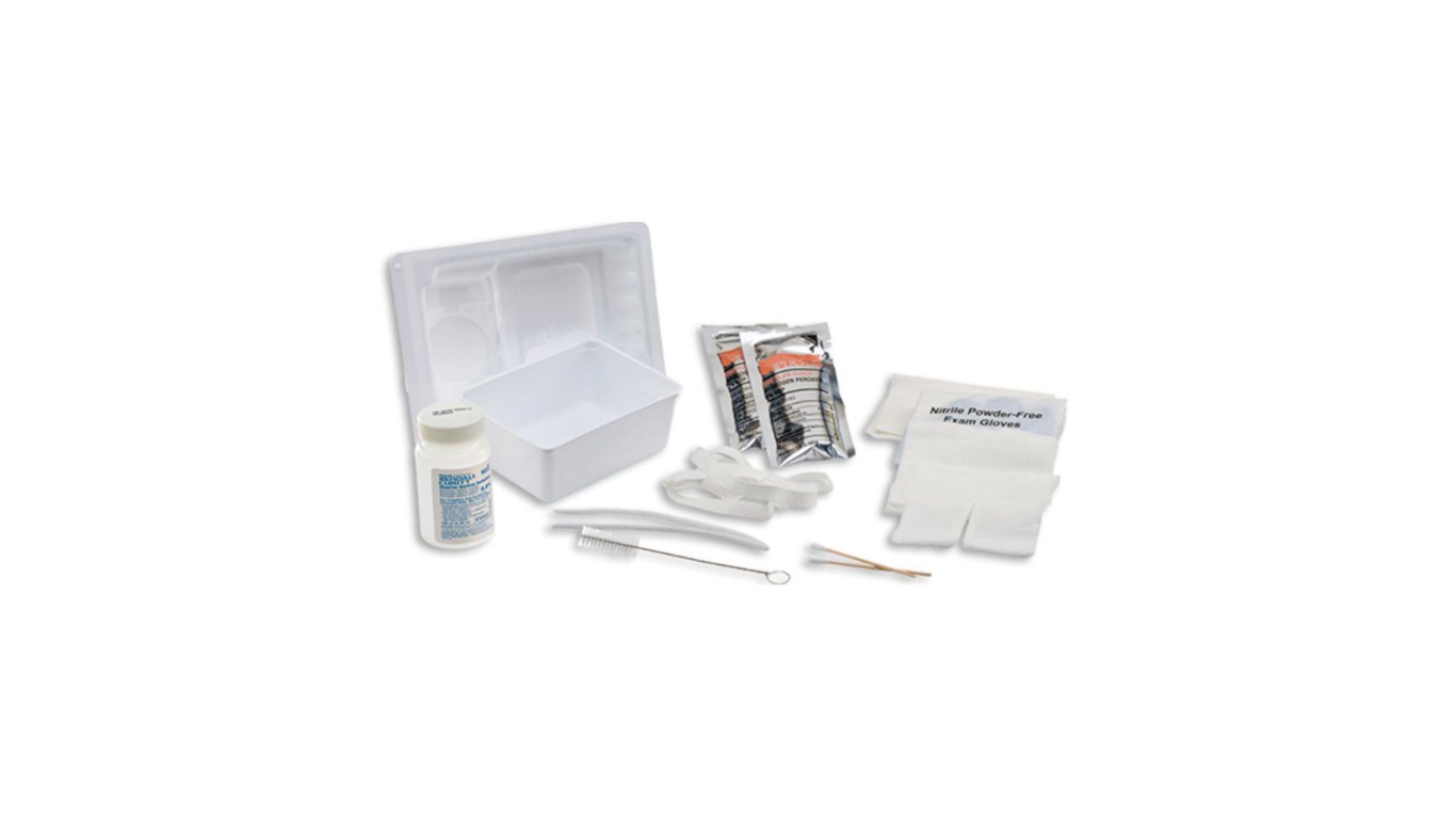 Argyle Tracheostomy Care Trays with Blue Nitrile Gloves, Pipe Cleaners, Trach Brush, Cotton Tip Applicators, Trach Holder, Basin, Trach Sponge, Gauzes, Hydrogen Peroxide and Sterile Saline