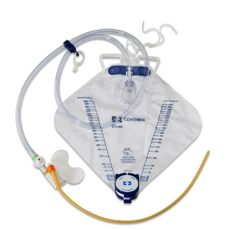 Dover Silicone Coated Latex Foley Catheterization Tray, 5 mL Catheter Pre Connected Closed System with Needle Sampling, 5cc Drain Bag