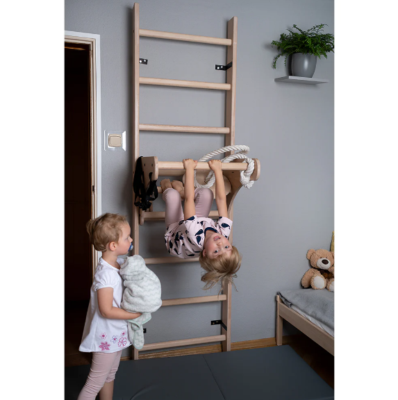 111+A204 Solid Beech Wood Wall Bars with Adjustable Pull Up Bar and Gymnastic Accessories for Kids Room