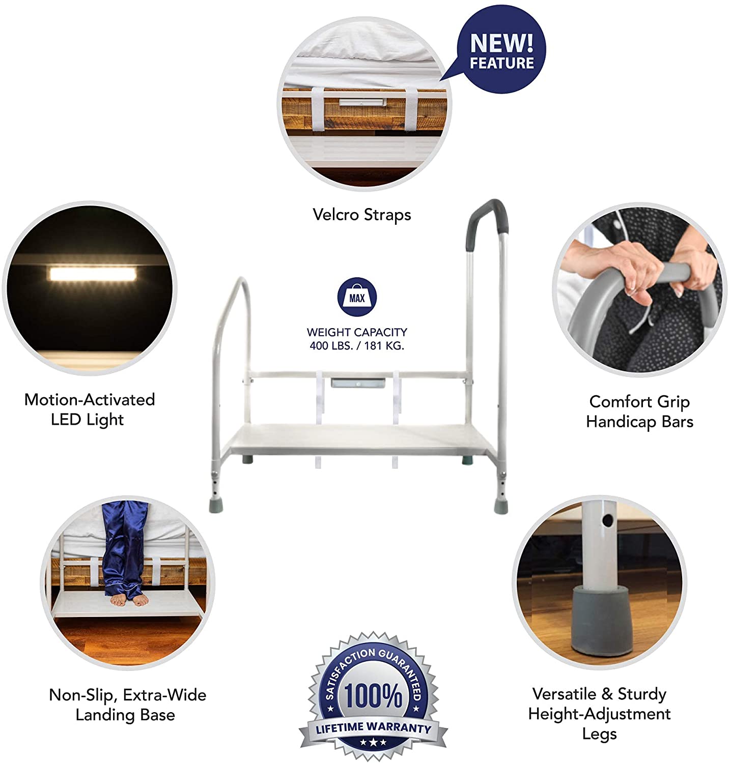 Bedroom Step and Handrail with Adjustable Height & LED Light for Fall Prevention