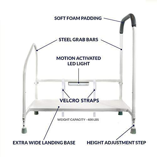 Bedroom Step and Handrail with Adjustable Height & LED Light for Fall Prevention