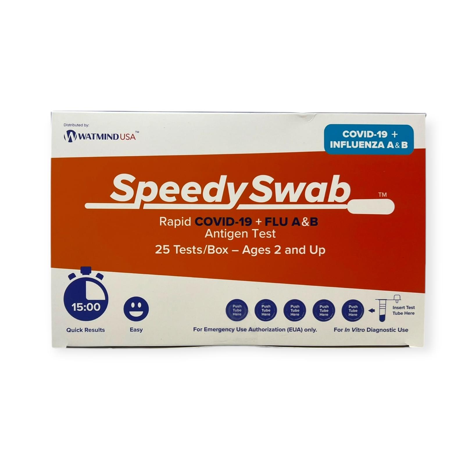 SpeedySwab POC Rapid Covid-19 + Flu A&B Antigen Tests - Box of 25