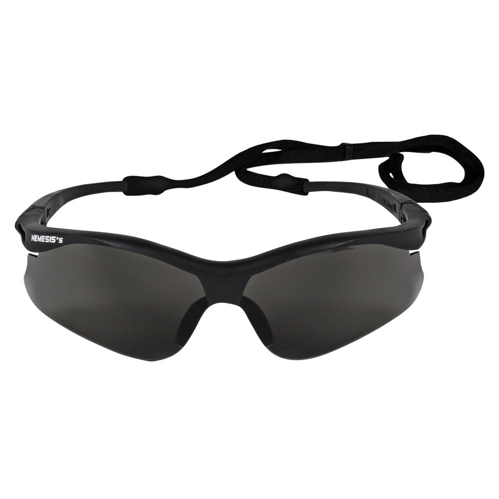 KleenGuard Nemesis Small Safety Glasses, Hard Coat Lens, Black Frame with Black Tips & Neck Cord