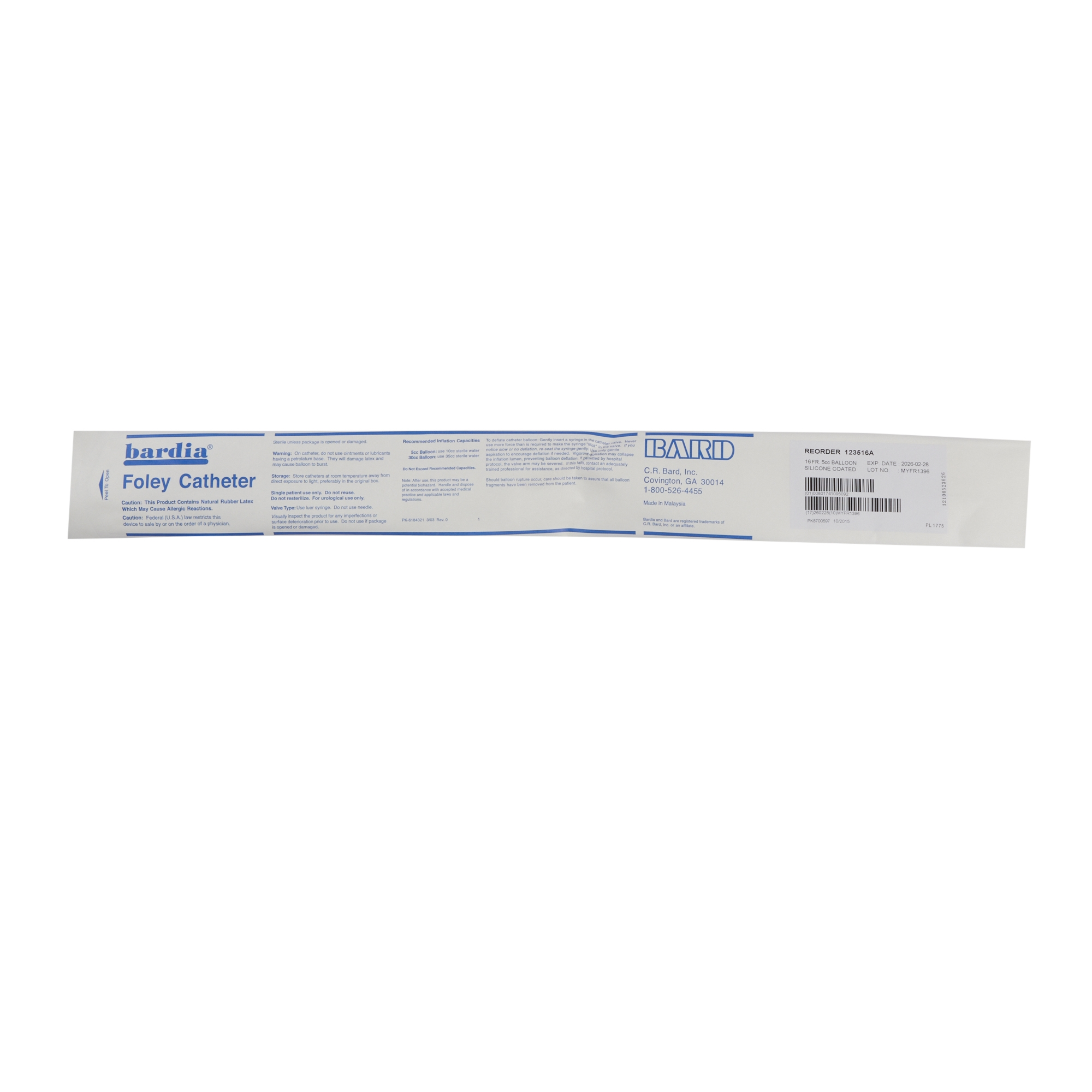 Bardia Foley Catheter, Silicone Coated Latex, 2 Way, Standard Tip