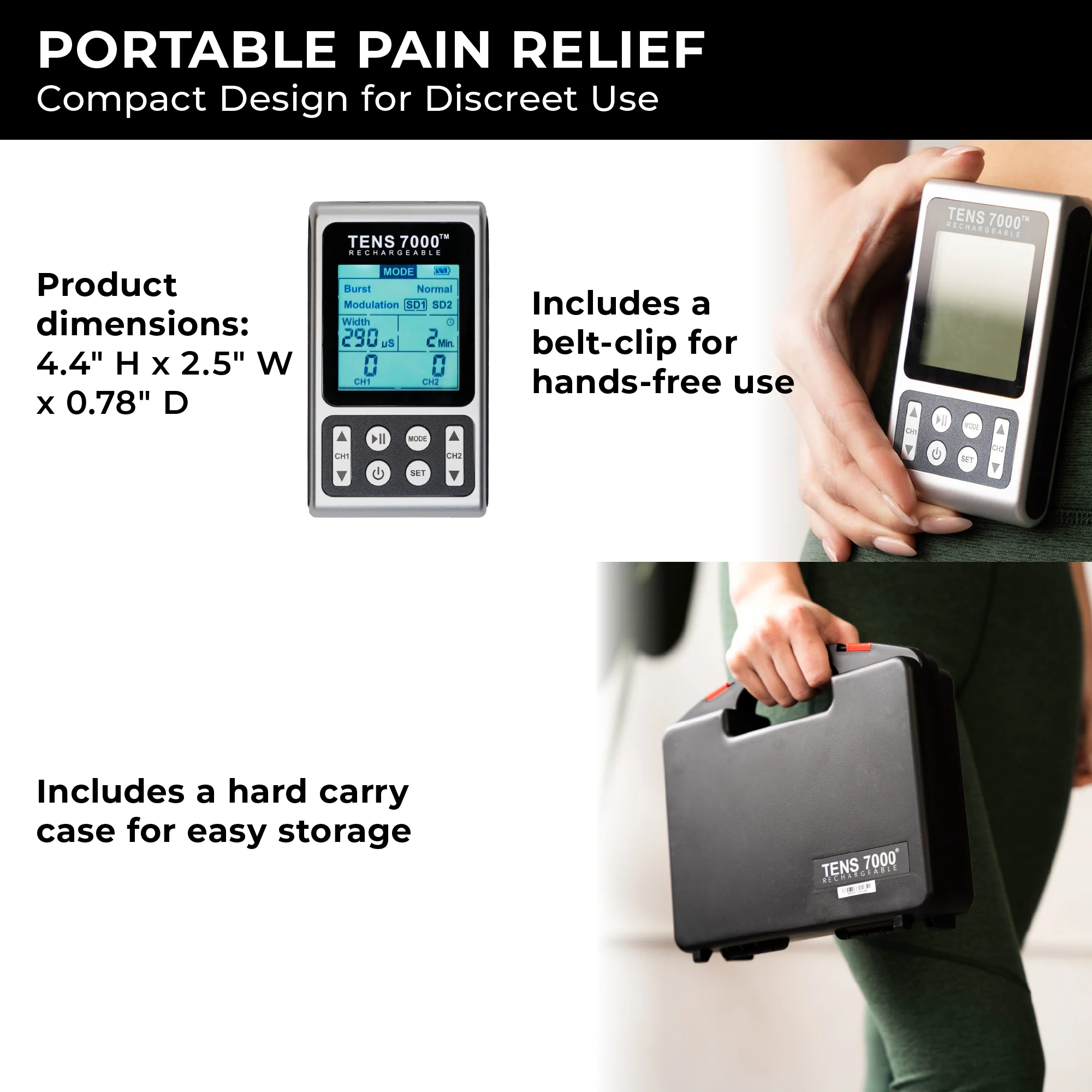 TENS 7000 Elite Rechargeable TENS Unit Muscle Stimulator and Pain Relief Machine