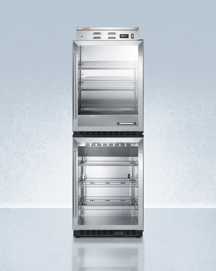 24" Glass Door Warming Cabinet PHC61G Stacked with SCR610BL Commercial Beverage Center