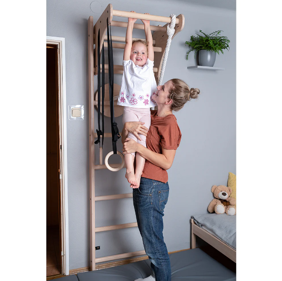 111+A204 Solid Beech Wood Wall Bars with Adjustable Pull Up Bar and Gymnastic Accessories for Kids Room