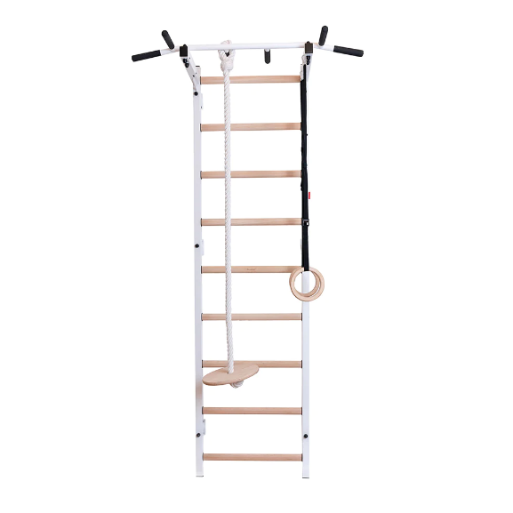 721+A076 Wall Bars with Fixed Steel 6 Grip Pull Up Bar and Gymnastic Accessories