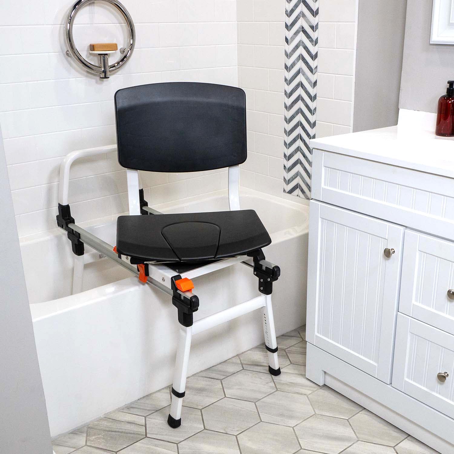 ShowerGlyde SG3 - Sliding Transfer Bench for Tight Spaces, Swivel Seat, Grab Bar, Height Adjustable