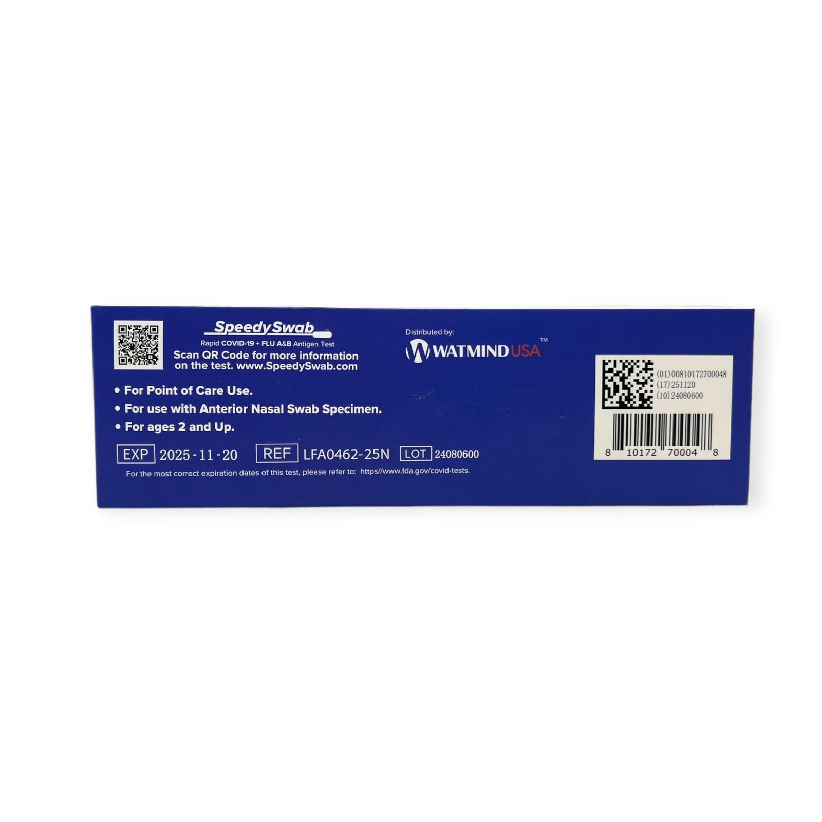 SpeedySwab POC Rapid Covid-19 + Flu A&B Antigen Tests - Box of 25