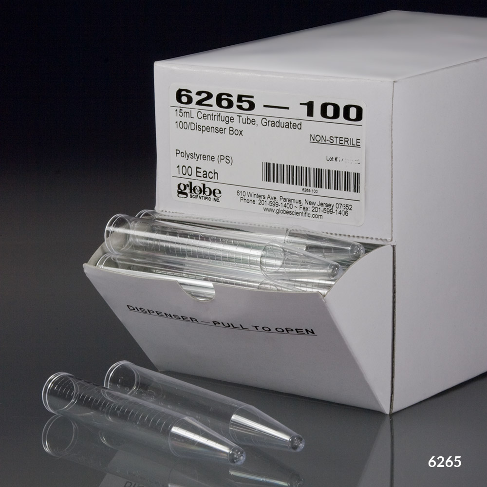 Plain Top Centrifuge Tube, 15 ml, Graduated, Conical Bottom, Dispenser Box