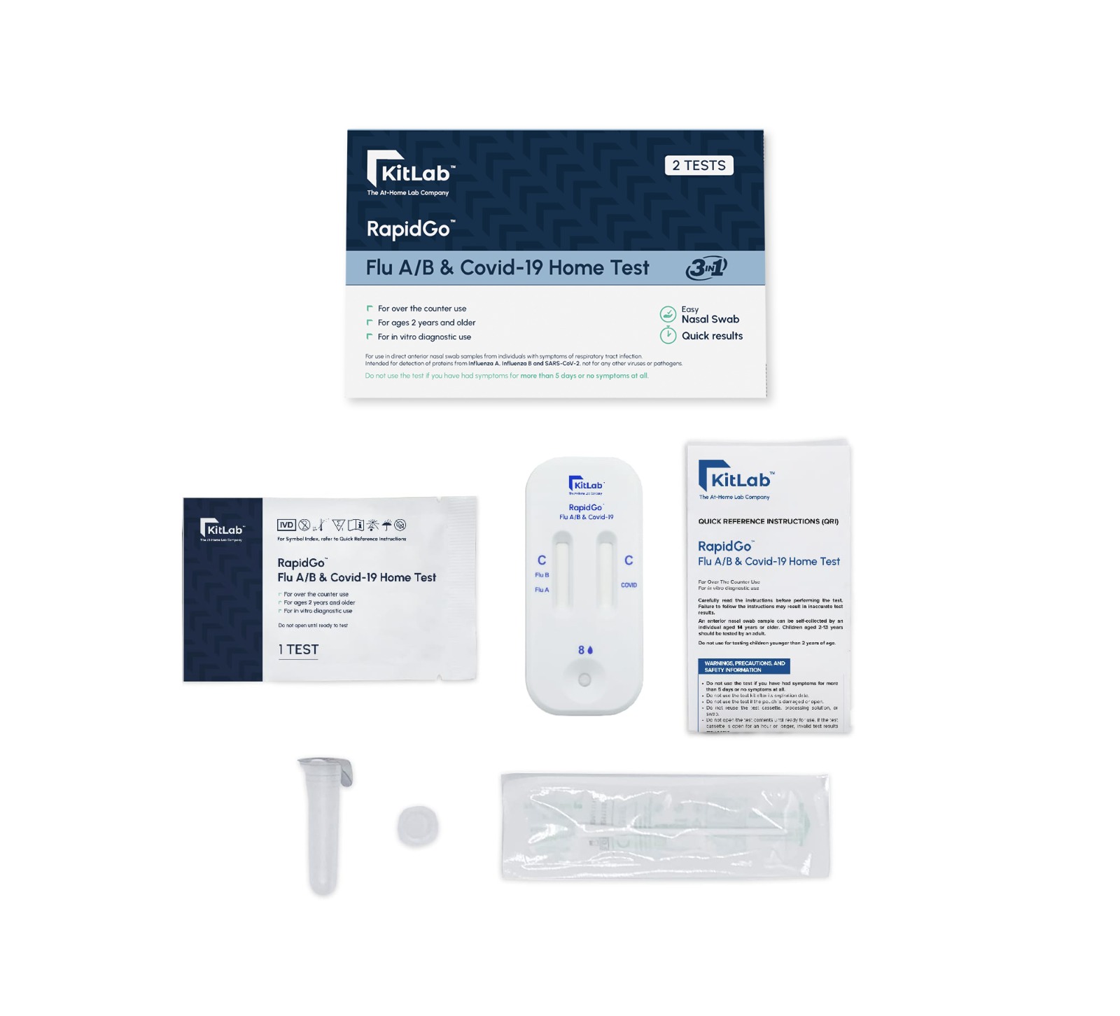 RapidGo Flu A/B & Covid-19 Home Test - 2 Test Kit