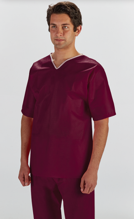 Patient Scrub Shirt, V Neck No Pocket, Non Woven, Premium, Maroon