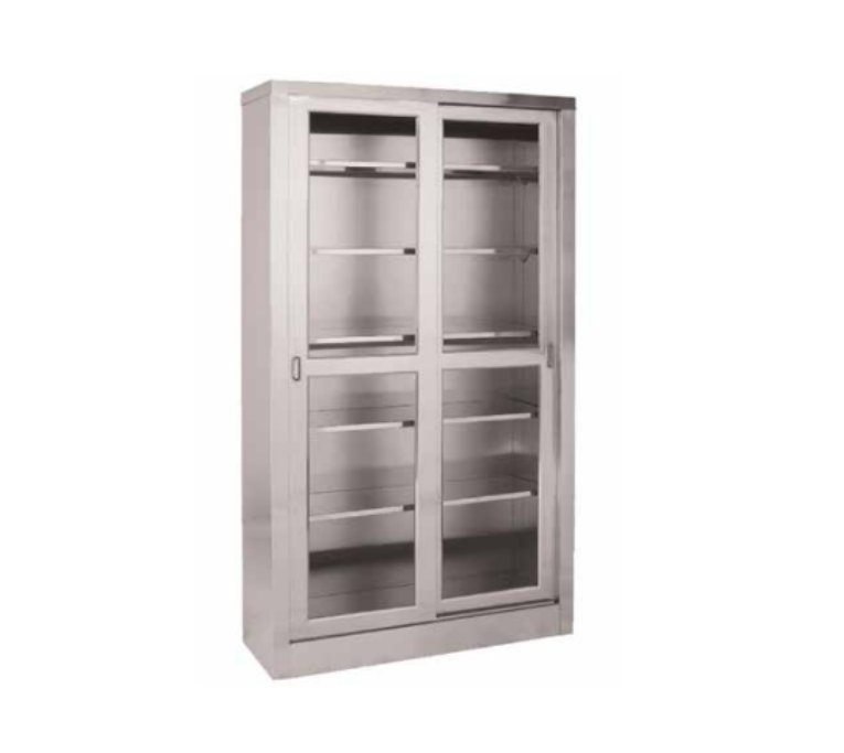 Stainless Steel Storage and Supply Cabinet with Five Adjustable Shelves Sliding Glass Doors