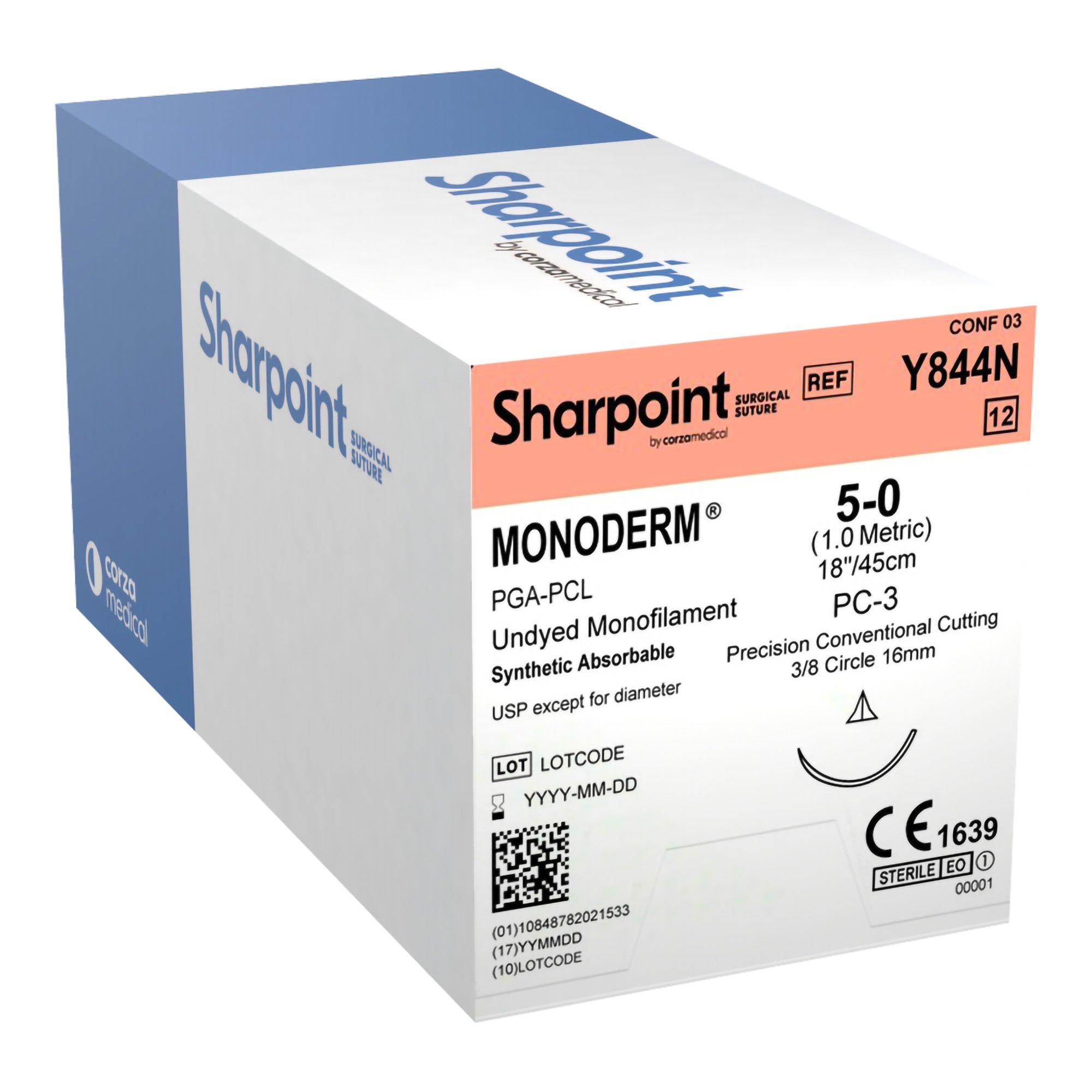 Monoderm Precision Conventional Cutting Needle, PC 3, 16 mm, 3/8 Circle