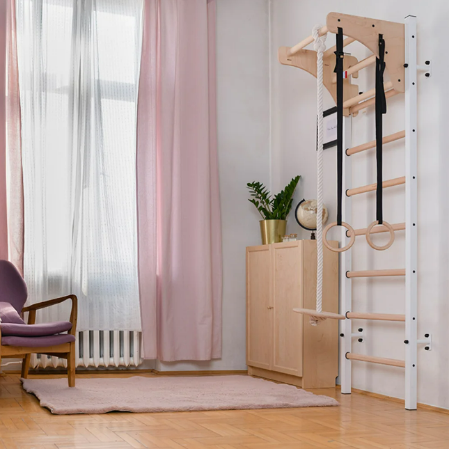 212+A204 Wall Bar with Adjustable Beech Wood and Pull Up Bar and Gymnastic Accessories