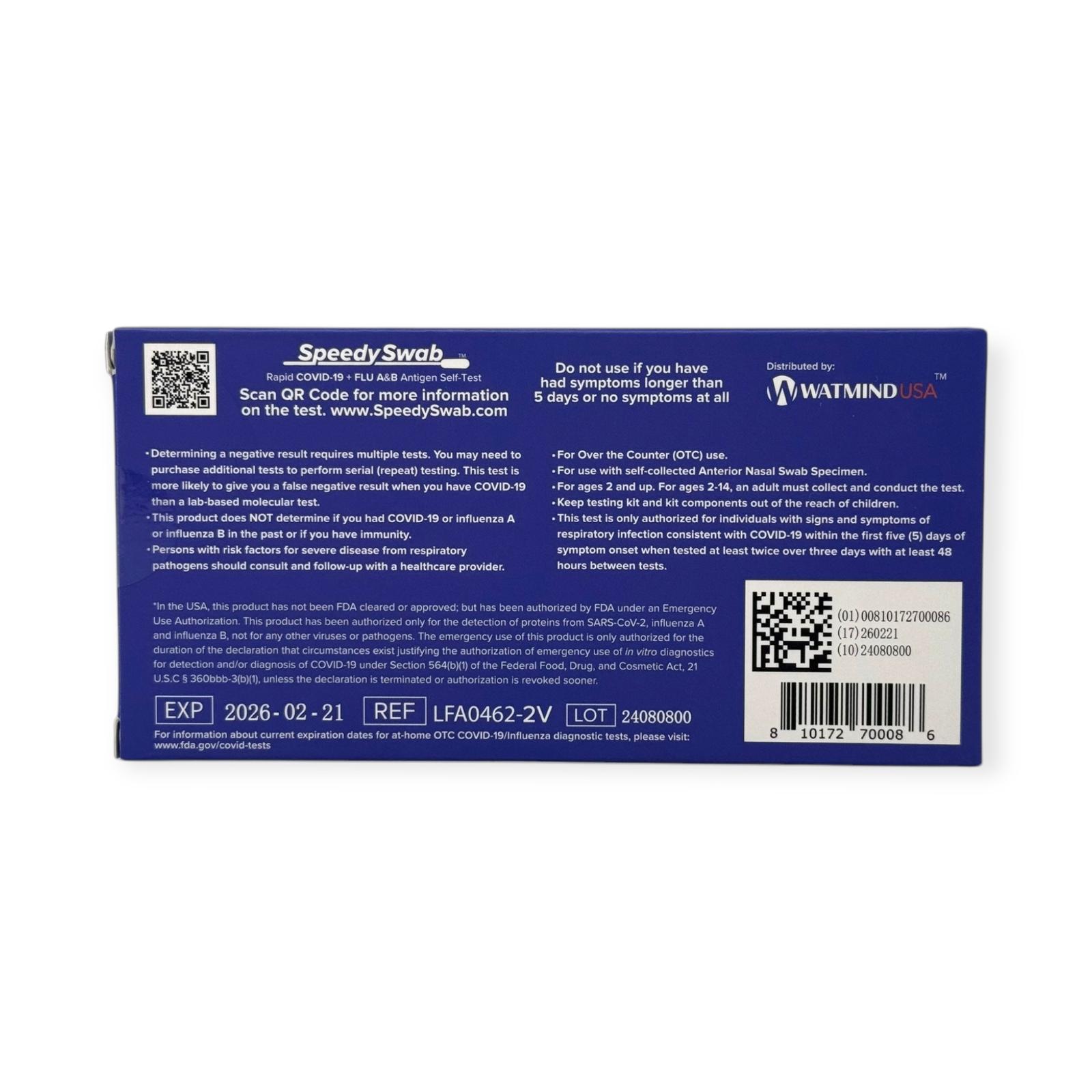 SpeedySwab Rapid COVID-19 + Flu A&B Antigen Self Test - 2 Tests Box