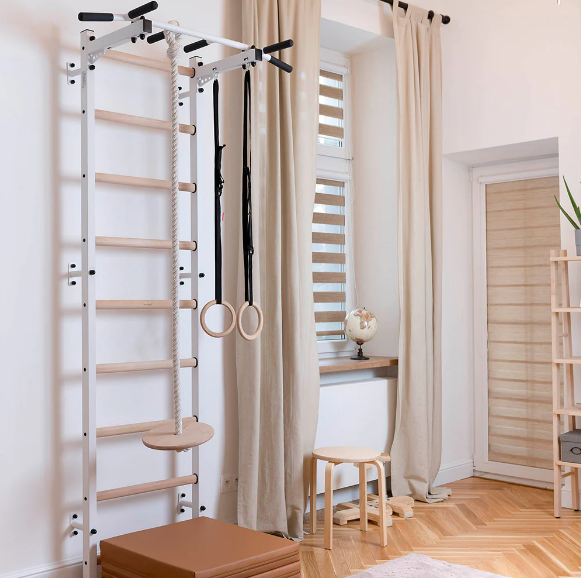 721+A076 Wall Bars with Fixed Steel 6 Grip Pull Up Bar and Gymnastic Accessories
